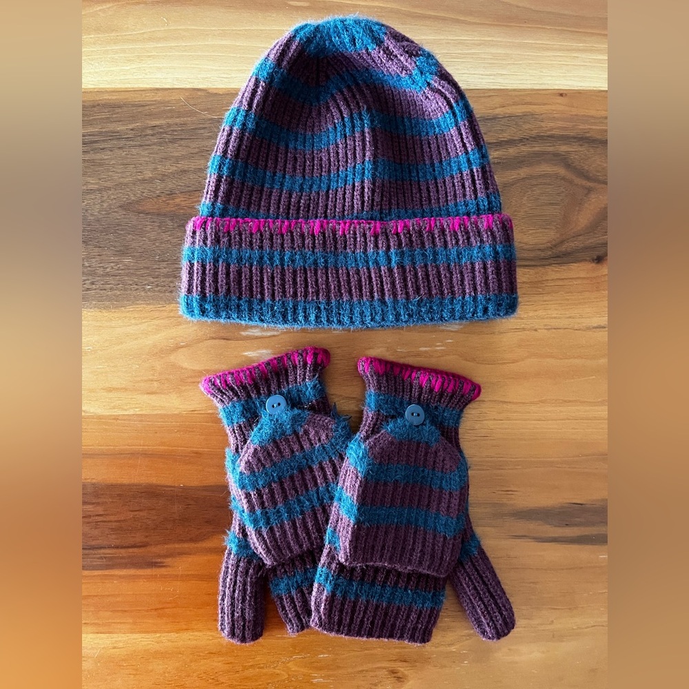 Rachel Zoe Striped Beanie & Convertible Fingerless Gloves Set
